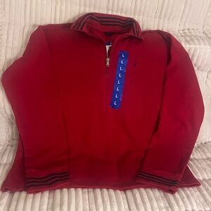 Red Quarter-Zip Pullover with Striped Collar